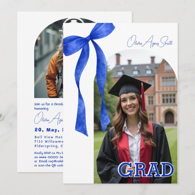 Invitación Blue Ribbon Accent Dual‑Photo QR Code (Anverso / Reverso)