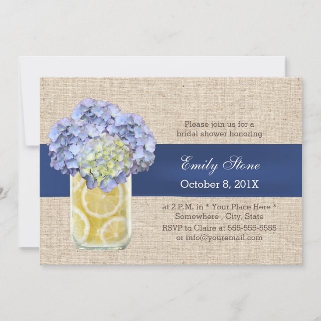 Invitación Blue Ribbon Hydrangea & Mason Jar Bridal Shower (Anverso)