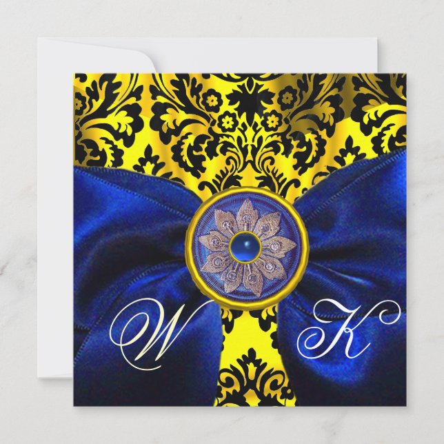 INVITACIÓN BLUE RIBBON ORO AMARILLO NEGRO DAMASK MONOGRAM (Anverso)