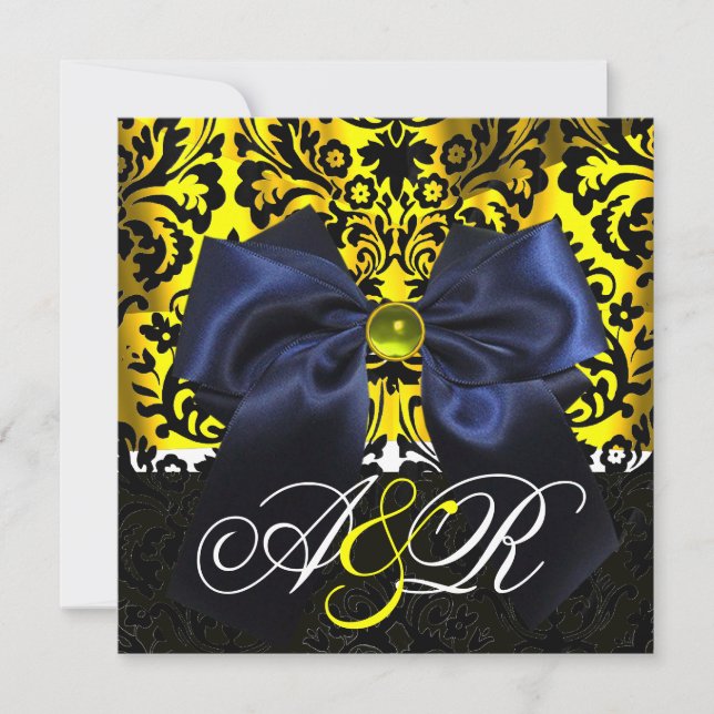 INVITACIÓN BLUE RIBBON ORO AMARILLO NEGRO DAMASK MONOGRAM (Anverso)
