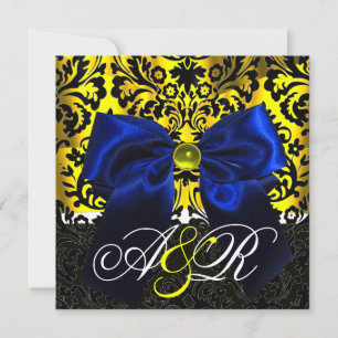 INVITACIÓN BLUE RIBBON ORO AMARILLO NEGRO DAMASK MONOGRAM