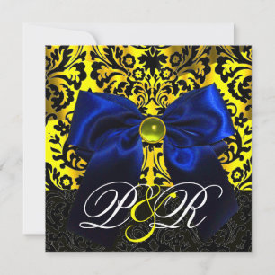 INVITACIÓN BLUE RIBBON ORO AMARILLO NEGRO DAMASK MONOGRAM
