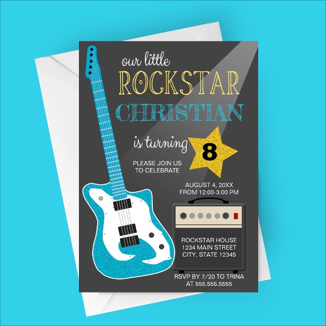 Invitación Blue Rockstar Birthday Party (Our Little Rockstar | Blue Guitar Birthday Party Invitation)