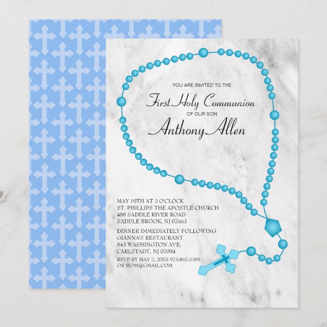 Invitación Blue Rosary Beads First Holy Communición (Anverso / Reverso)