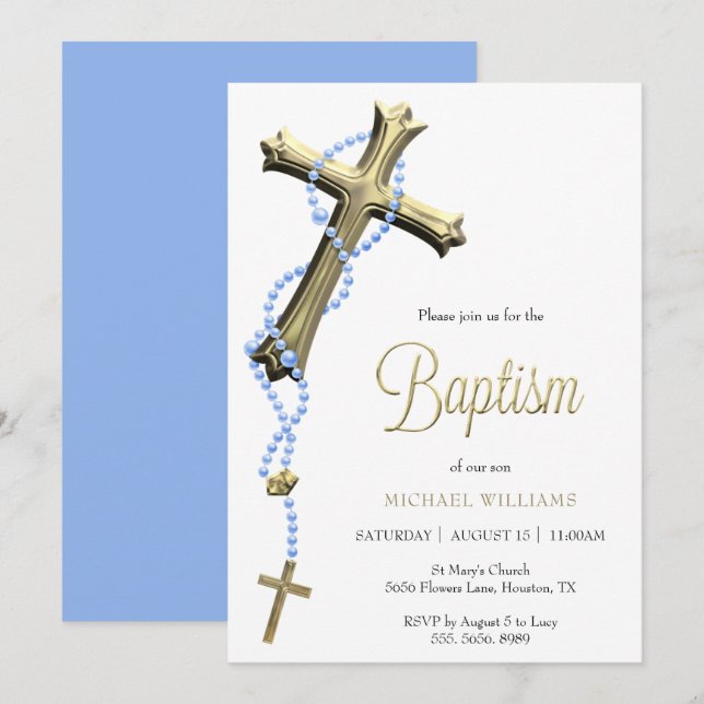 Invitación Blue Rosary Decorated Gold Cross Baptism (Anverso / Reverso)