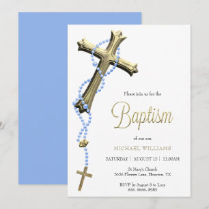Invitación Blue Rosary Decorated Gold Cross Baptism