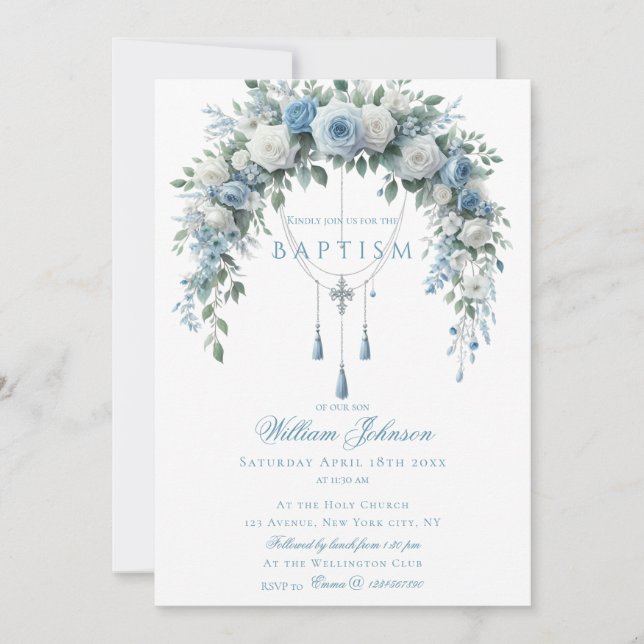 Invitación Blue Rose & Silver Cross Baptism Guest Book (Anverso)