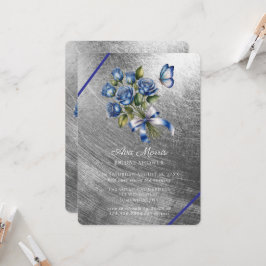 Invitación Blue Roses Butterfly Silver Bridal Shower