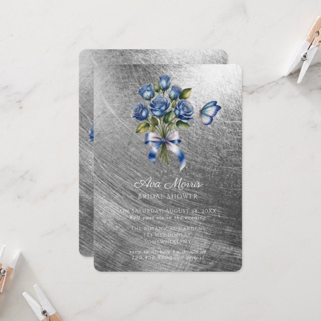 Invitación Blue Roses Butterfly Silver Bridal Shower (Anverso/Reverso In Situ)