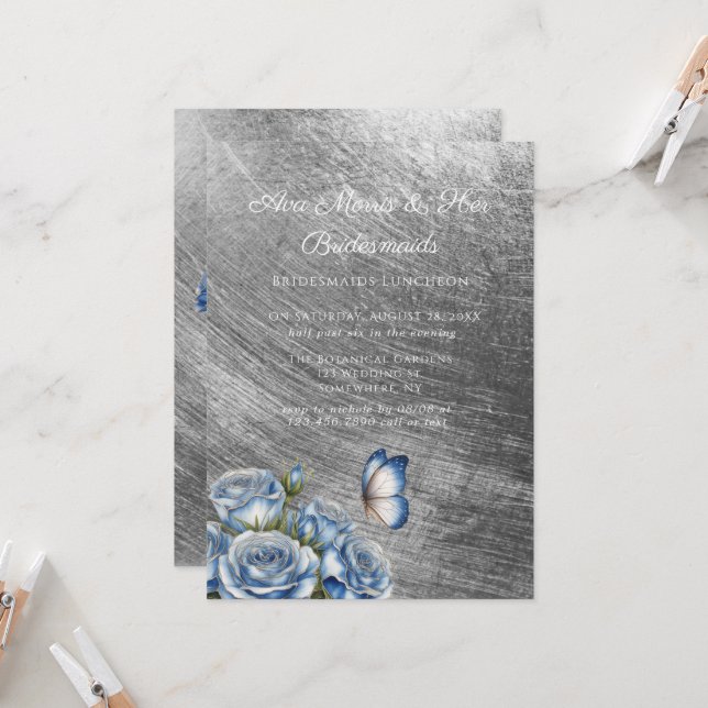 Invitación Blue Roses Butterfly Silver Bridesmaids Luncheon (Anverso/Reverso In Situ)