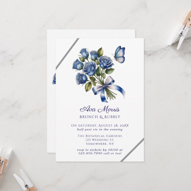 Invitación Blue Roses Butterfly Silver Brunch & Bubbly (Anverso/Reverso In Situ)