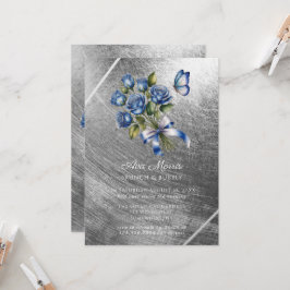 Invitación Blue Roses Butterfly Silver Brunch & Bubbly