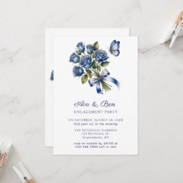 Invitación Blue Roses Butterfly Silver Engagement Party