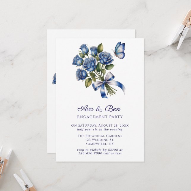 Invitación Blue Roses Butterfly Silver Engagement Party (Anverso/Reverso In Situ)