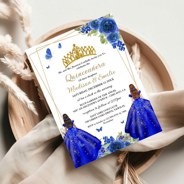 Invitación Blue Royal Floral Butterfly Twin Quinceanera (Subido por el creador)