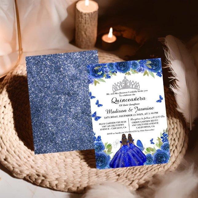 Invitación Blue Royal Floral Butterfly Twin Quinceanera (Subido por el creador)