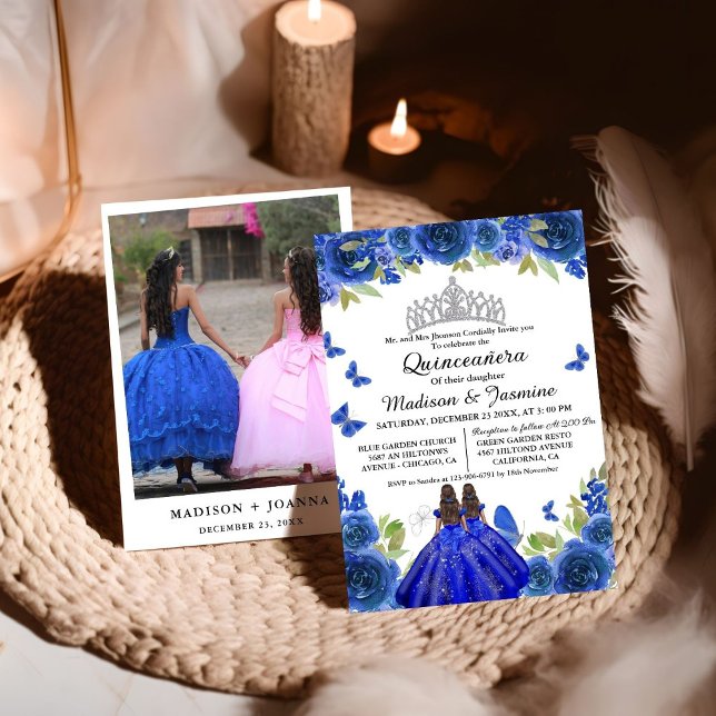 Invitación Blue Royal Floral Butterfly Twin Quinceanera (Subido por el creador)
