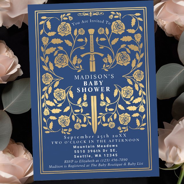 Invitación Blue Royal Medieval Gold Sword Boy Baby Shower (Subido por el creador)