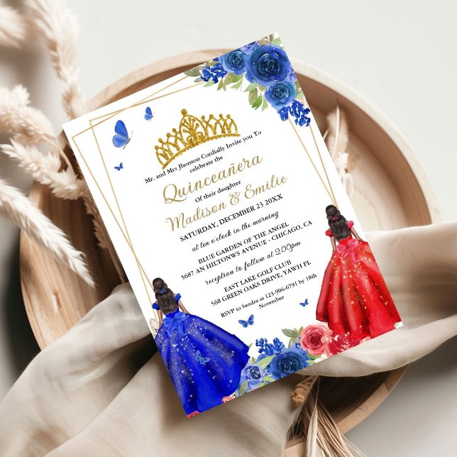 Invitación Blue Royal & Red Butterfly Twin Quinceanera (Subido por el creador)