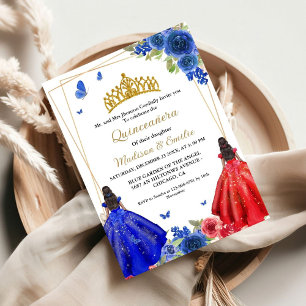 Invitación Blue Royal & Red Butterfly Twin Quinceanera