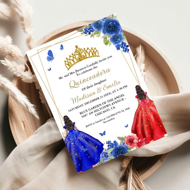 Invitación Blue Royal & Red Butterfly Twin Quinceanera (Subido por el creador)