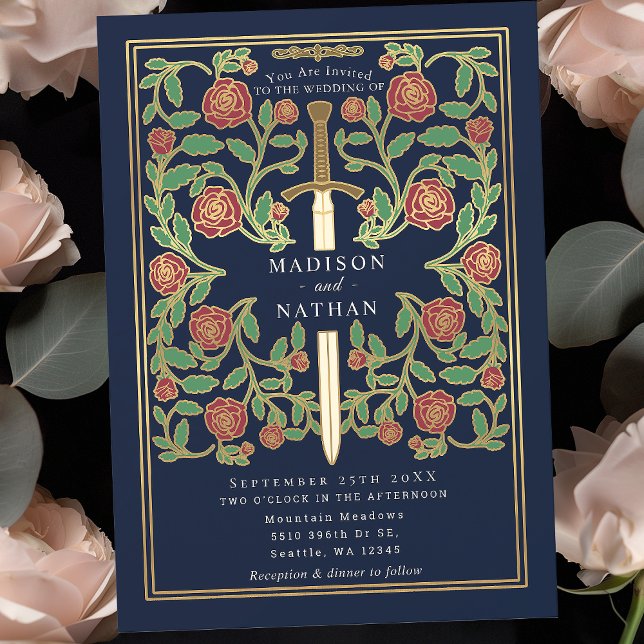 Invitación Blue Royal Sword Floral Medieval Fantasy Boda (Subido por el creador)