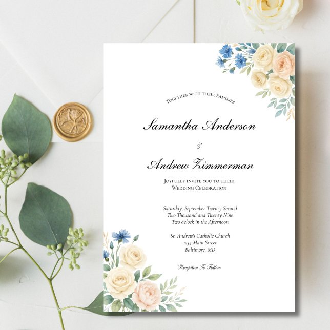 Invitación Blue Rubor Cream Floral Elegante Boda (Blue blush pink and cream watercolor floral elegant wedding invitation. Printed or Digital Download)