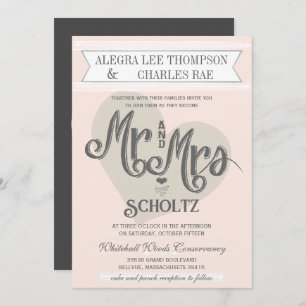 Invitación Blue Rubor Peach Mr. y Mrs Typography Boda