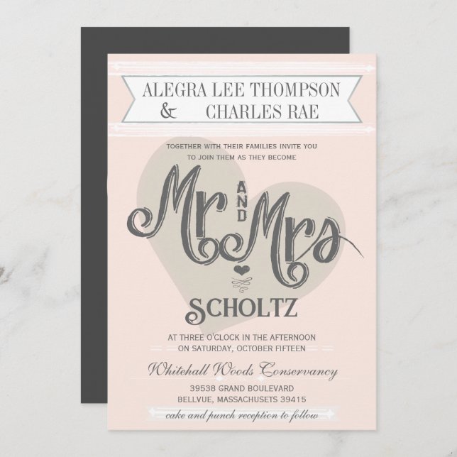 Invitación Blue Rubor Peach Mr. y Mrs Typography Boda (Anverso / Reverso)