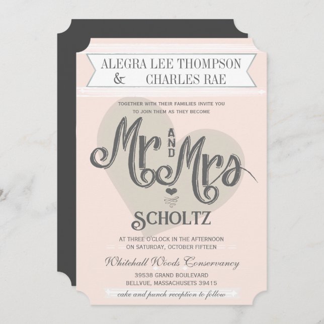 Invitación Blue Rubor Peach Mr. y Mrs Typography Boda (Anverso / Reverso)