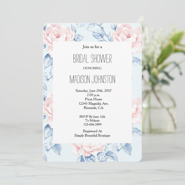 Invitación Blue Rubor Pink Floral Bridal Shower (Anverso de pie)