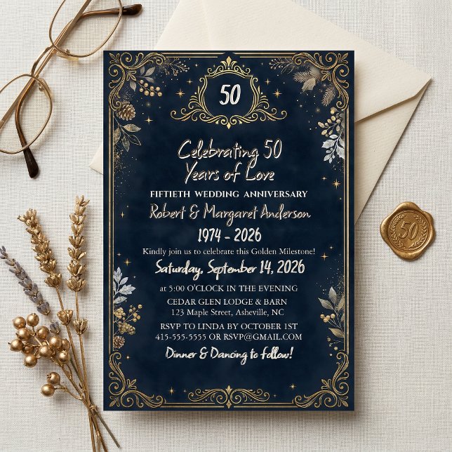 Invitación Blue Ruby Script Simple 50th Wedding Anniversary (Subido por el creador)