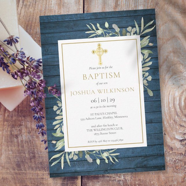 Invitación Blue Rusage Gold Cross Baptism Christening (Subido por el creador)