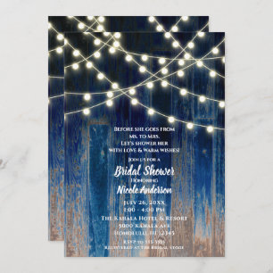Invitación Blue Rustic Barn Wood Luces Brillantes