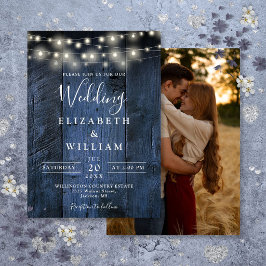 Invitación Blue Rustic Barn Wood String Lights Photo Boda