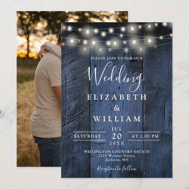 Invitación Blue Rustic Barn Wood String Lights Photo Boda (Anverso / Reverso)