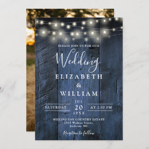 Invitación Blue Rustic Barn Wood String Lights Photo Boda