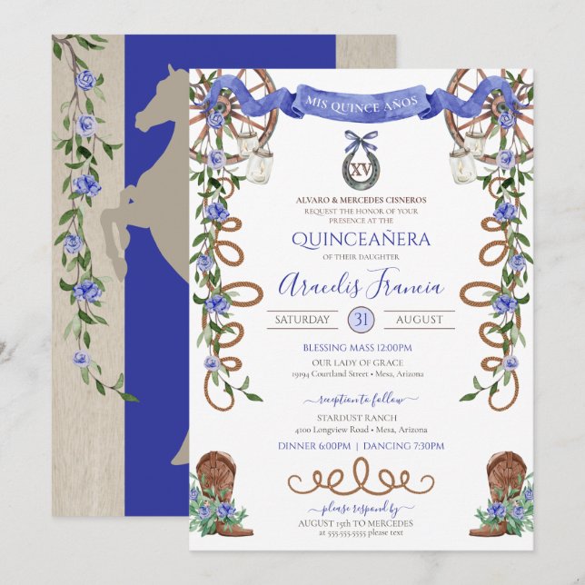 Invitación Blue Rustic Boho Western Charra Theme Quinceanera (Anverso / Reverso)