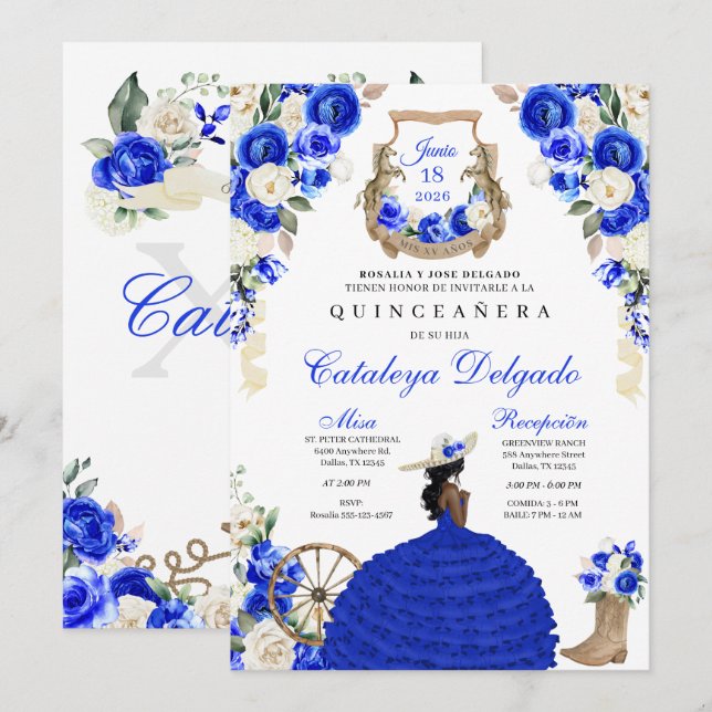 Invitación Blue Rustic Charro Princesa Quinceañera (Anverso / Reverso)