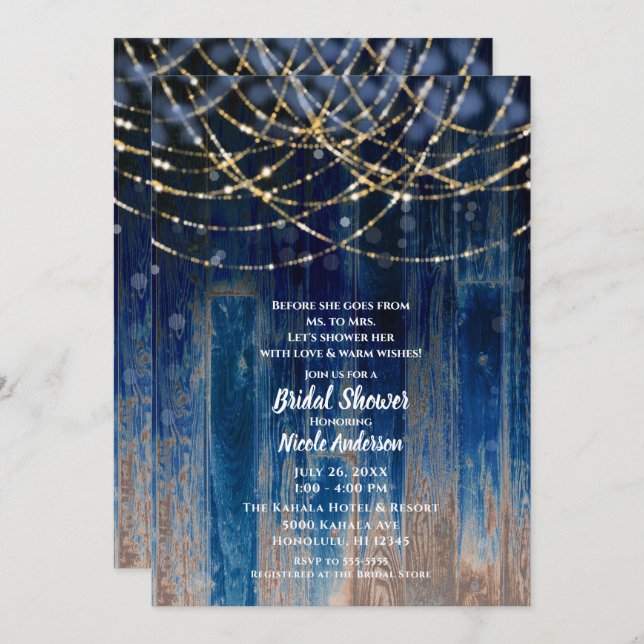Invitación Blue Rustic Coastal Barn Wood Bokeh Bridal Shower (Anverso / Reverso)