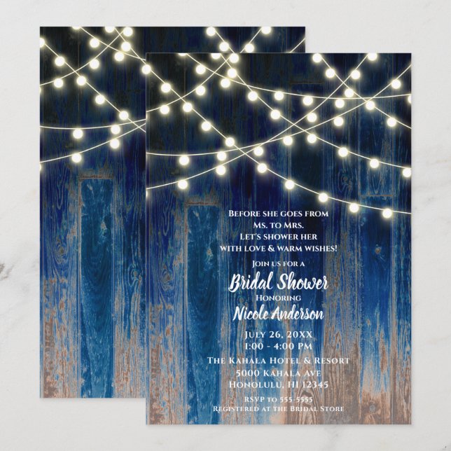 Invitación Blue Rustic Coastal Barn Wood Luces Bridal Shower (Anverso / Reverso)