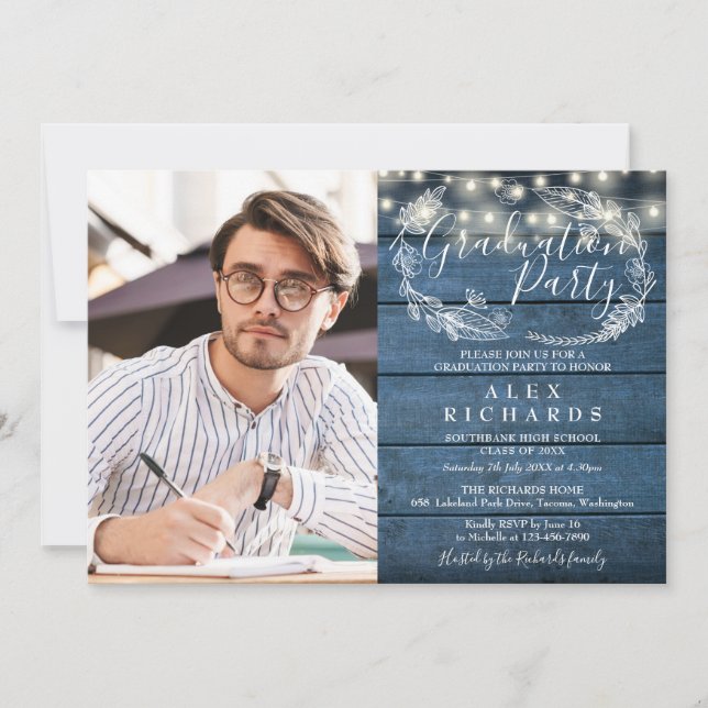 Invitación Blue Rustic String ilumina la fiesta de graduación (Anverso)