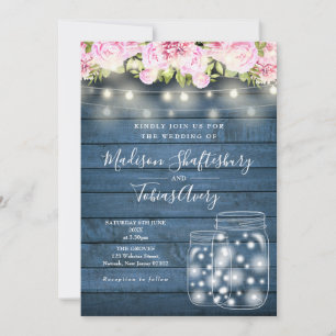 Invitación Blue Rustic String Lights Mason Jar Floral Boda
