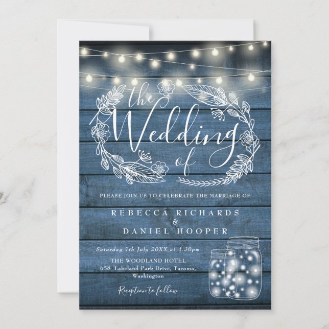 Invitación Blue Rustic String Lights Mason Jars Boda (Anverso)