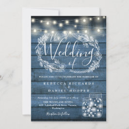 Invitación Blue Rustic String Lights Mason Jars Boda