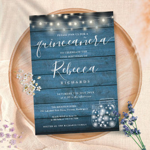Invitación Blue Rustic String Lights Script Quinceañera 15th