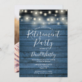 Invitación Blue Rustic String Luces Fiesta de retiro fotográf