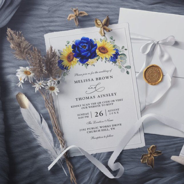 Invitación Blue Rustic Sunflower Budget QR Code Wedding (Subido por el creador)