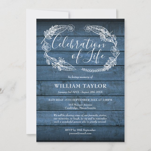 Invitación Blue Rustic Wood Celebration of Life Funeral (Anverso)
