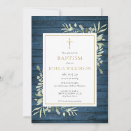 Invitación Blue Rustic Wood Green Baptism Christening